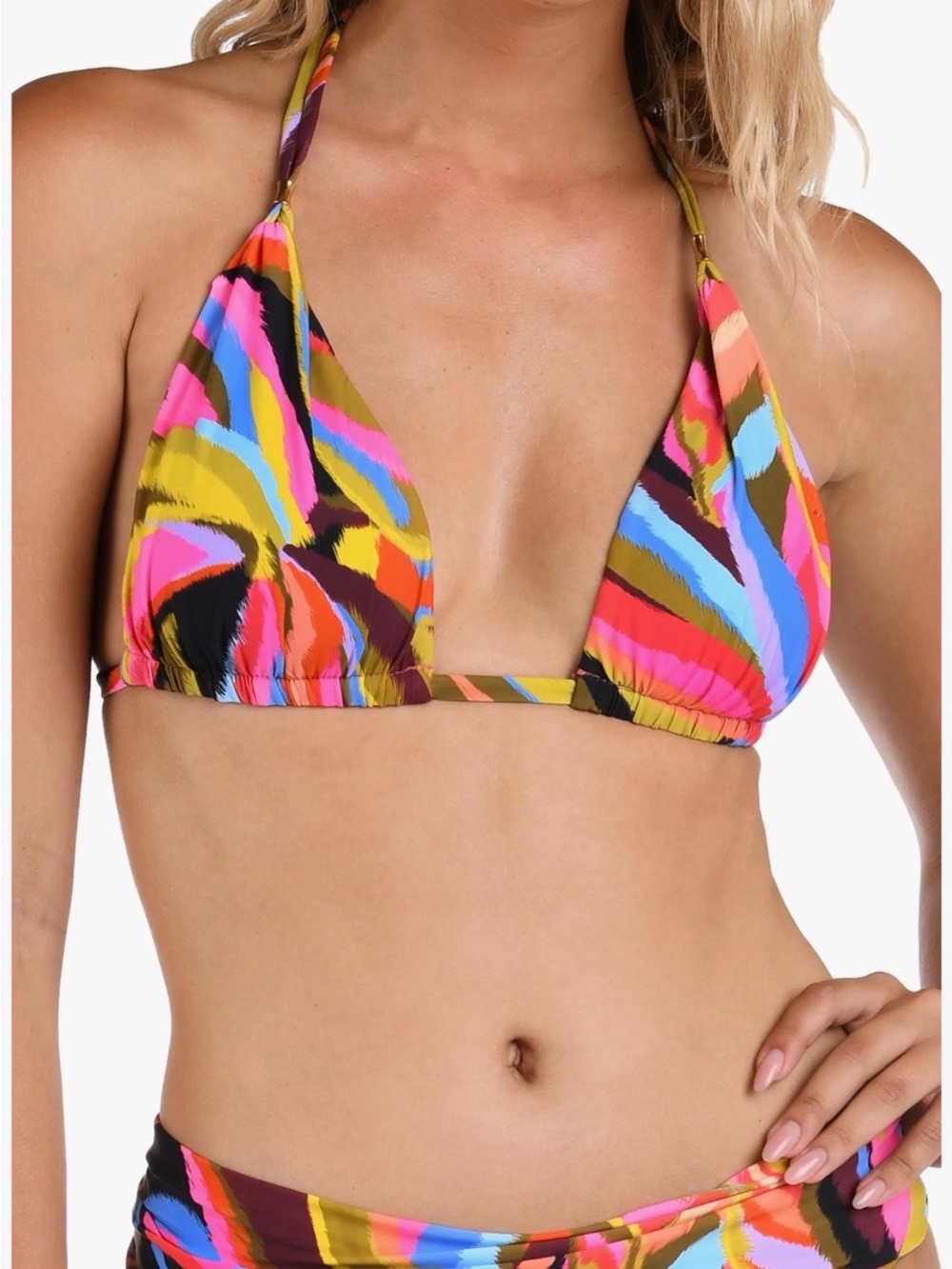 La Blanca Multicolor Halter Triangle Bikini Top - Pink, Blue & Yellow Print
